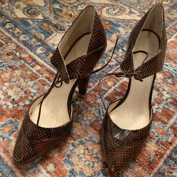 Calvin Klein Shoes - Brown snake skin style ankle tie pumps